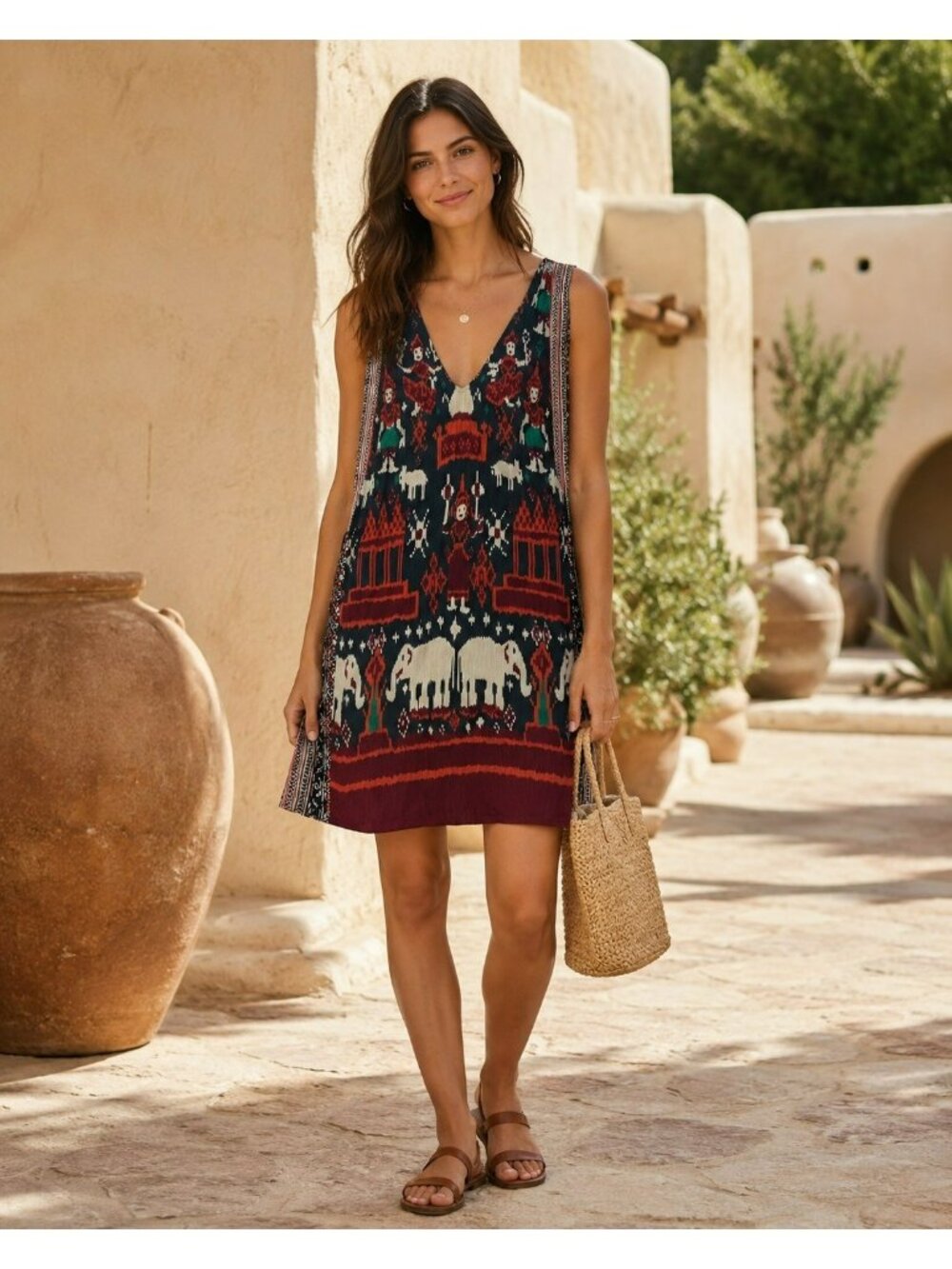 Calypso St. Barth Bohemian Elephant Print Sleeveless Silk Dress V-Neck Lined Siz